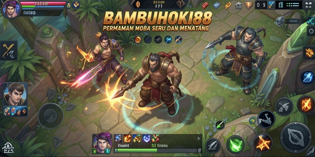 Screenshot gameplay MOBA BAMBUHOKI88 menampilkan aksi seru pertempuran tim.
