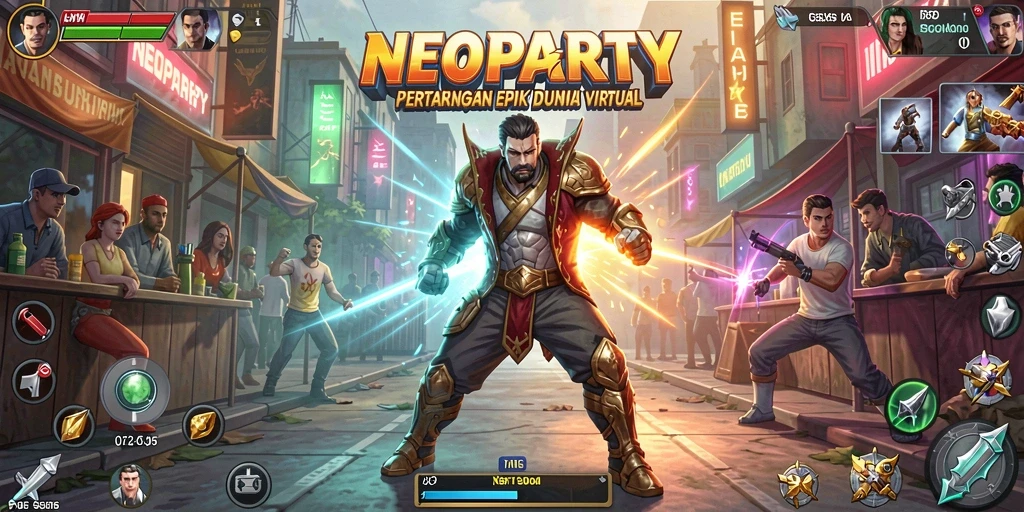 Screenshot NEOPARTY menampilkan pertarungan karakter yang menegangkan.