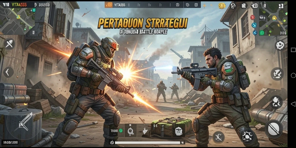 Screenshot utama menampilkan aksi bertarung seru di VITA555 Battle Royale.